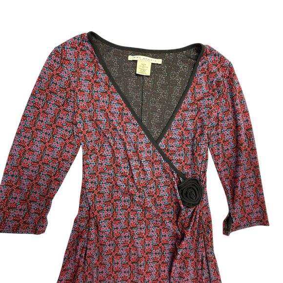 Vintage Y2K USA Max Studio Long Sleeve Faux Wrap Dress Size MP Red Blue Floral - Picture 3 of 11